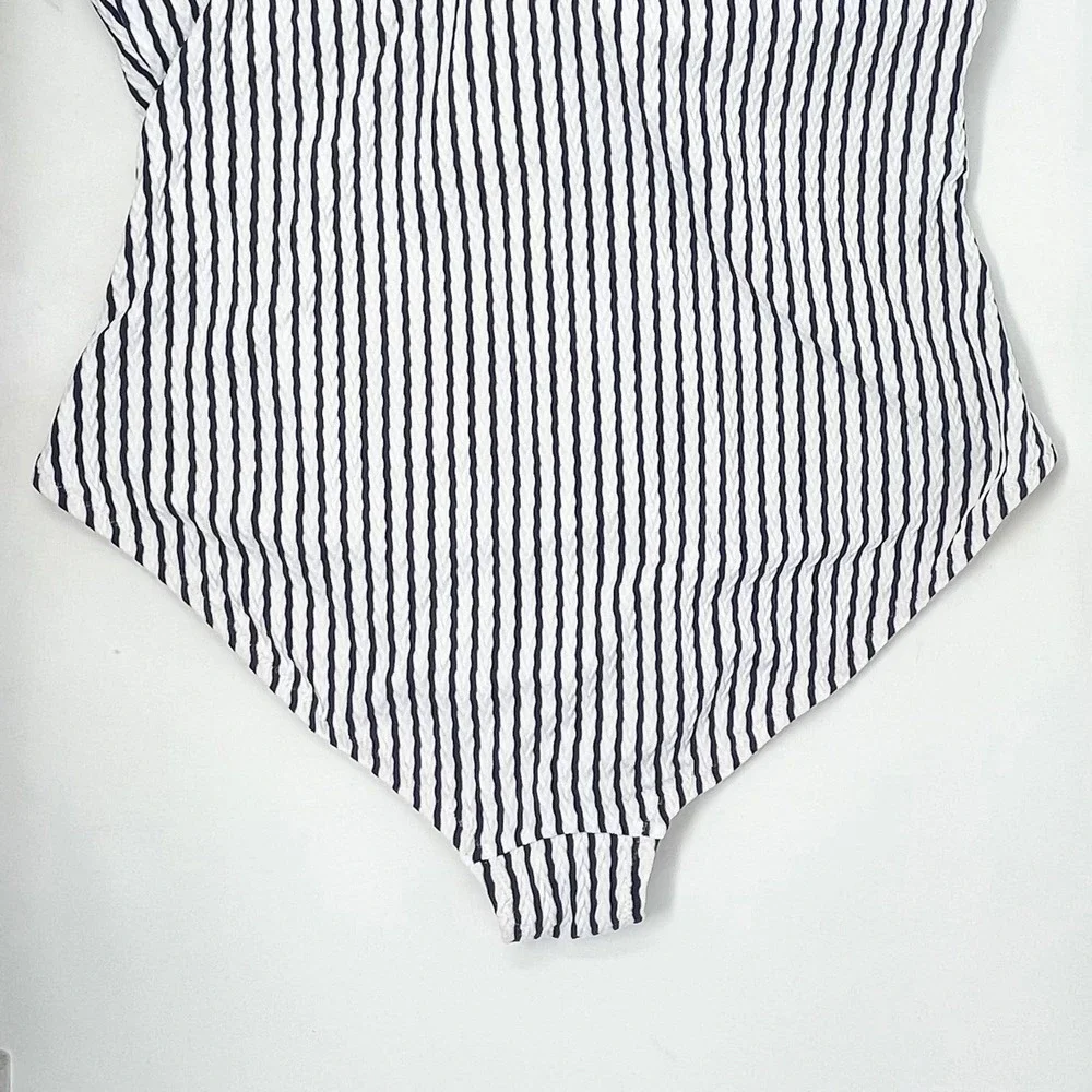 J Crew One Piece Swimsuit Wms XXL Navy Blue White Stripe Nautical Tie Shoulder